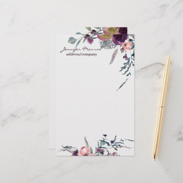 Lila und rötliche Wasserfarbenflora personalisiert Briefpapier (Vorderseite/Rückseite Beispiel)