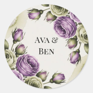 Lila und Salbeigrüne Rosen Aquarell-Hochzeit Runder Aufkleber