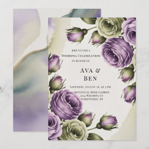 Lila und Salbeigrüne Rosen Gemalte Hochzeit Einladung