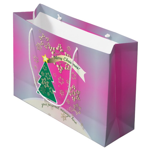 Lila und schneebedeckte Bronze"Frohe Weihnachten" Große Geschenktüte (Vorderseite Schrägansicht)