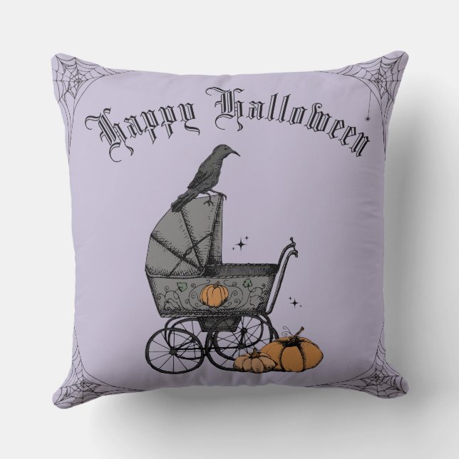 Lila und schwarz-gotisches Happy Halloween Kissen (Rückseite)