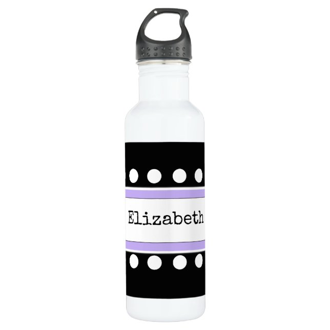 Lila und schwarz mit Punkten und Namen Trinkflasche (Vorderseite)
