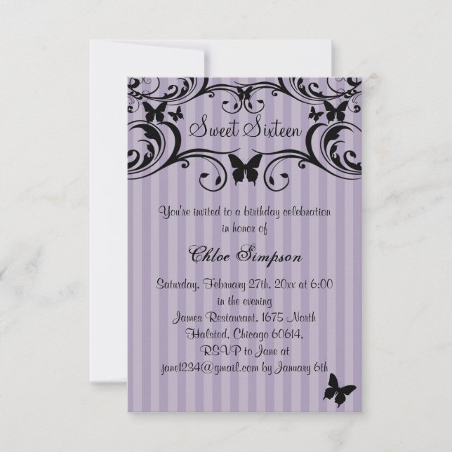 Lila und schwarze Butterfly Sweet16 Einladung (Vorderseite)