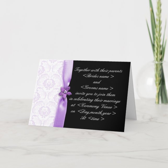 Lila und schwarze Damaskadenhochzeit Einladung (Vorderseite)