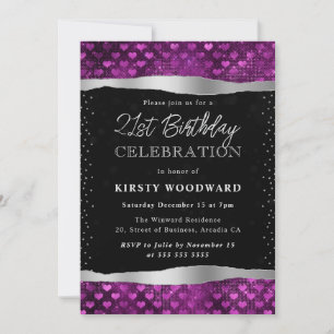Lila und schwarze Glitter-Herzen 21. Geburtstag Einladung