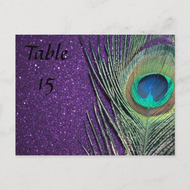 Lila und schwarze Pfauenhochzeiten-Tischnummern Postkarte (Vorderseite)