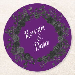 Lila und schwarze Rosen-Gothic-Hochzeitsuntersetze Runder Pappuntersetzer