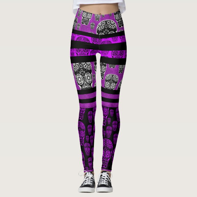 Lila und schwarze saure Schädelknochen Leggings (Vorderseite)