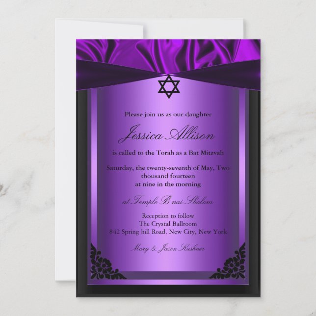 Lila und schwarze Seidenfledermaus Mitzvah Einladu Einladung (Vorderseite)