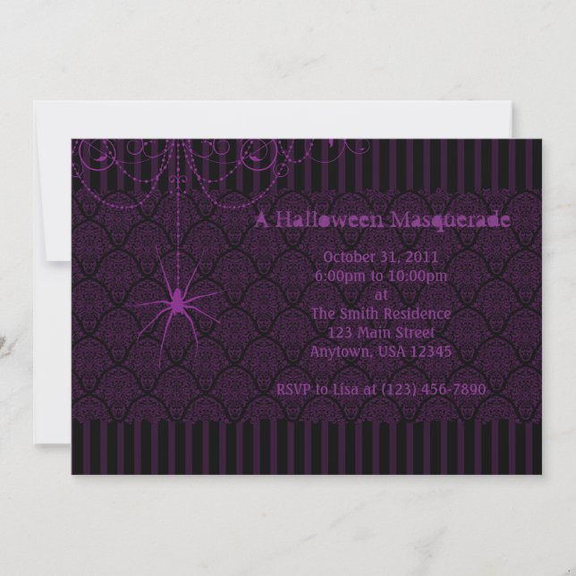 Lila und schwarze Spider Damask Halloween-Einladun Einladung (Vorderseite)