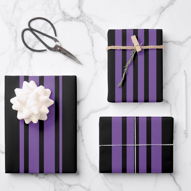 Lila und schwarze Streifen Geschenkpapier Set (Vorderseite)