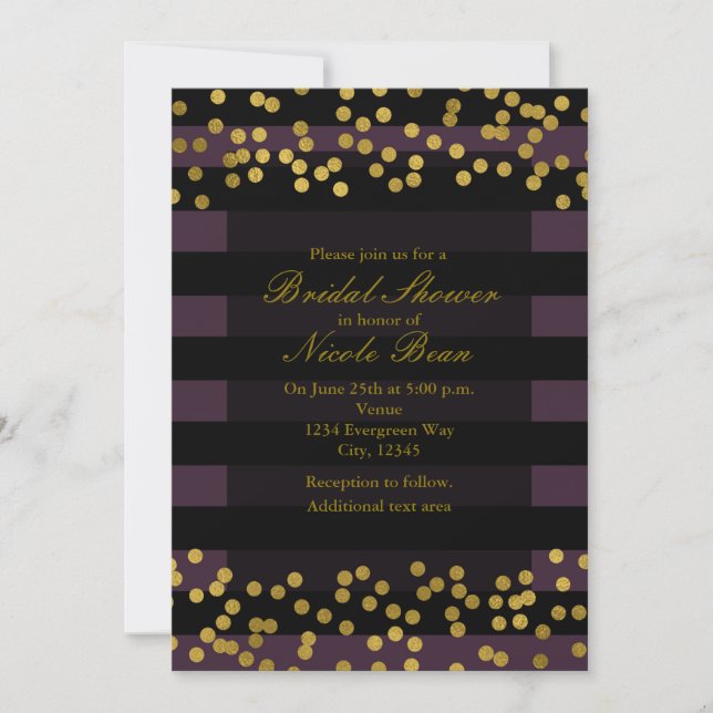 Lila und schwarze Streifen Gold Imitate Foil Dots Einladung (Vorderseite)