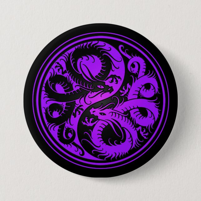 Lila und schwarze Yin Yang Chinese-Drachen Button (Vorderseite)