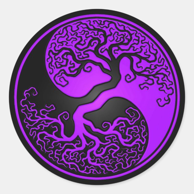 Lila und schwarzer Baum des Lebens Yin Yang Runder Aufkleber (Vorderseite)