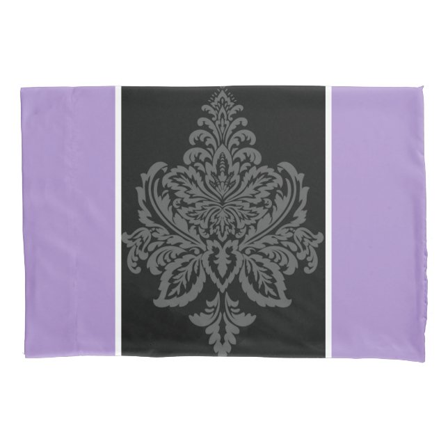Lila und schwarzer Damast-Druck Pillowcase Kissenbezug (Vorderseite)