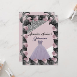 Lila und schwarzer Glitzer Blumenquinceanera Einladung