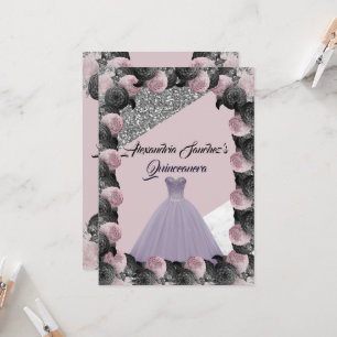Lila und schwarzer Glitzer Blumenquinceanera Einladung