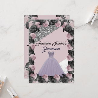 Lila und schwarzer Glitzer Blumenquinceanera Einladung