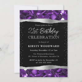 Lila und schwarzer Glitzer Shimmer 21. Geburtstag Einladung