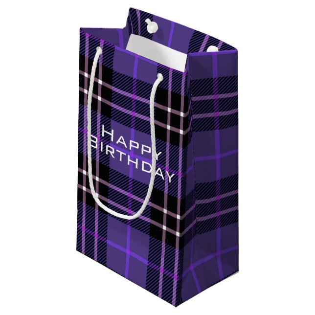 Lila und schwarzer Tartan Karierter kleiner Gesche Kleine Geschenktüte (Vorderseite Schrägansicht)