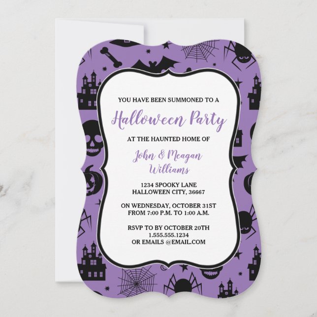 Lila und schwarzes Halloween-Party Einladung (Vorderseite)
