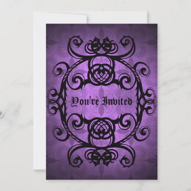Lila und schwarzes Party mit gotischer Damaske Einladung (Vorderseite)