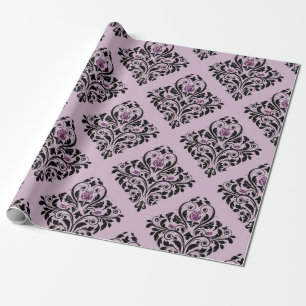 Lila und schwarzes vintage Damastmuster Geschenkpapier