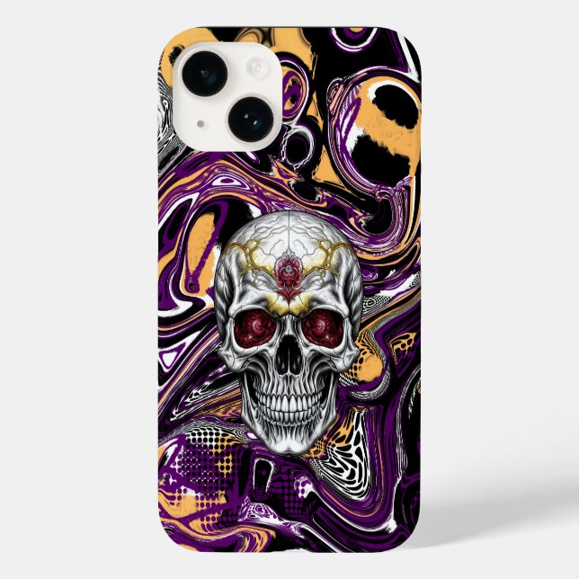 Lila und schwarzes ZuckerkulturHalloween Case-Mate iPhone 14 Hülle (Rückseite)
