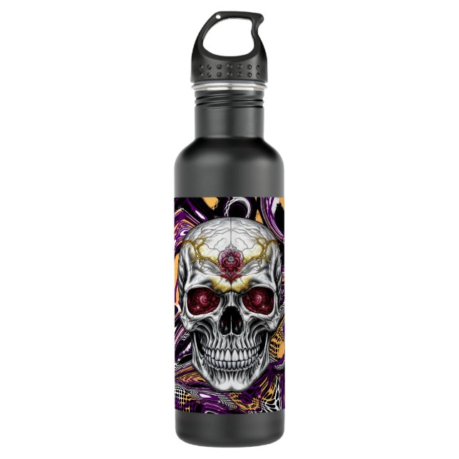 Lila und schwarzes ZuckerkulturHalloween Edelstahlflasche (Vorderseite)