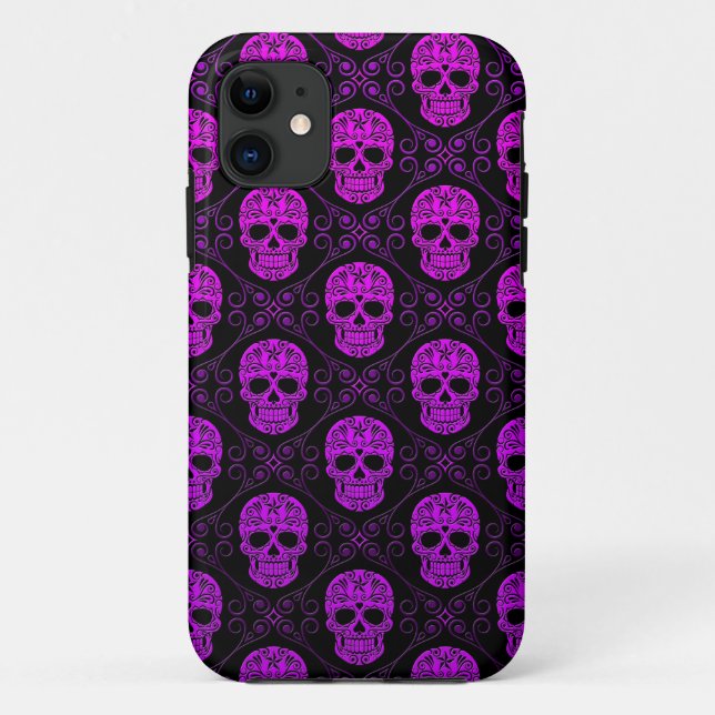 Lila und schwarzes Zuckerschädel-Muster Case-Mate iPhone Hülle (Rückseite)