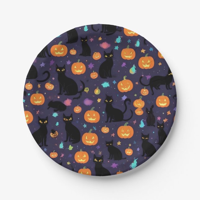 Lila- und SchwarzkatzenHalloween Pappteller (Vorderseite)