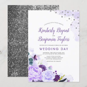 Lila und Silber Florale Aquarell-Hochzeit Einladung