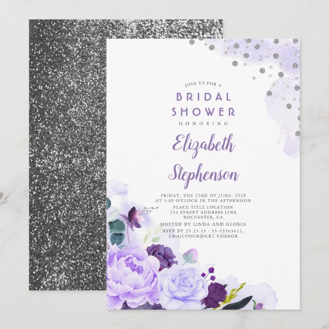 Lila und silber florales romantisches Brautparty Einladung (Vorne/Hinten)