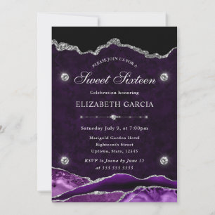 Lila und Silber Glitter Agate Sweet Sixteen Einladung