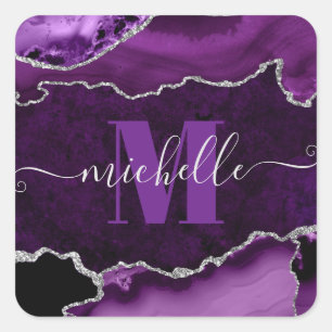 Lila und Silber Glittermarmor Achat Monogramm Quadratischer Aufkleber