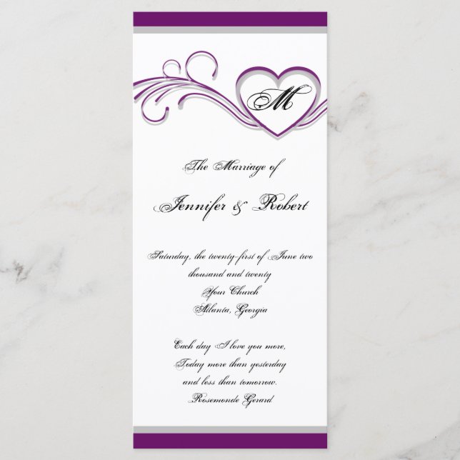 Lila und Silber Herz Monogramm Hochzeitsprogramm Programm (Vorderseite)