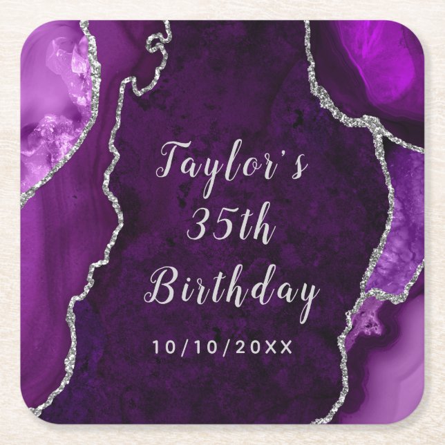 Lila und silberer Agate Marble Geburtstag Rechteckiger Pappuntersetzer (Vorderseite)