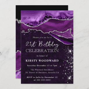 Lila und silberer Glitzer Agate Geburtstag Einladung