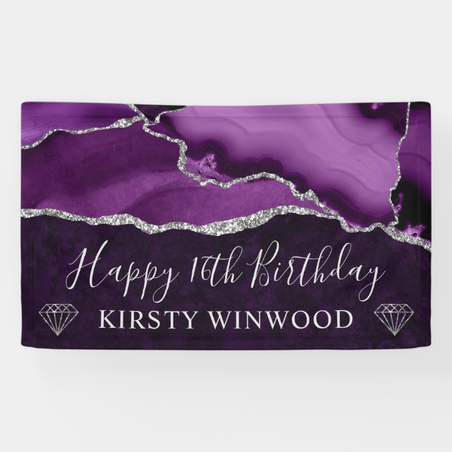 Lila und silberer Glitzer Agate Marble Sweet 16 Banner (Horizontal)