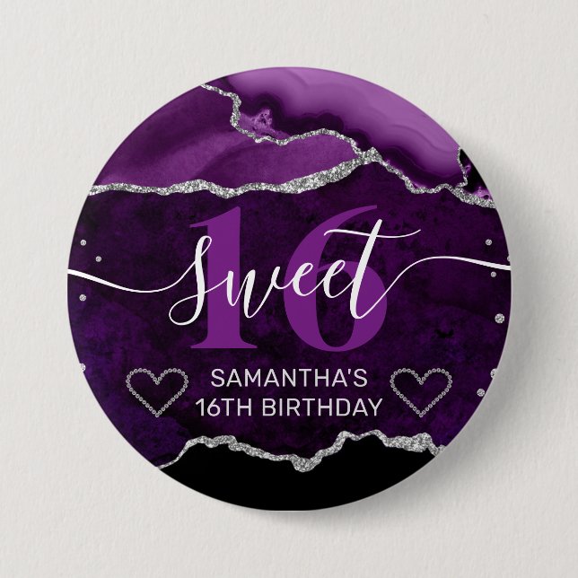 Lila und silberer Glitzer Agate Marble Sweet 16 Button (Vorderseite)