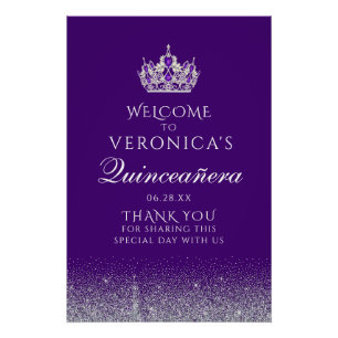 Lila und silberer Glitzer Quinceanera Begrüßungsze Poster
