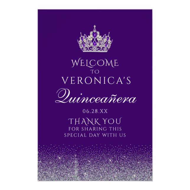 Lila und silberer Glitzer Quinceanera Begrüßungsze Poster (Vorderseite)