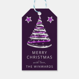Lila und silberer Ribbon & Glitzer Weihnachtsbaum Geschenkanhänger