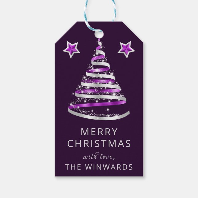 Lila und silberer Ribbon & Glitzer Weihnachtsbaum Geschenkanhänger (Vorderseite)