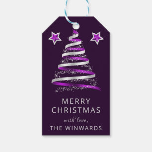 Lila und silberer Ribbon & Glitzer Weihnachtsbaum Geschenkanhänger