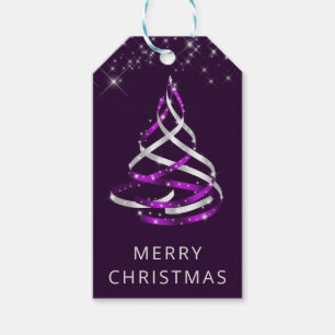 Lila und silberer Ribbon & Glitzer Weihnachtsbaum Geschenkanhänger