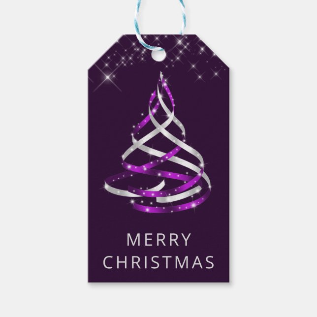 Lila und silberer Ribbon & Glitzer Weihnachtsbaum Geschenkanhänger (Vorderseite)