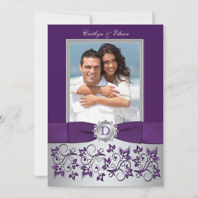 Lila und silberes Foto Hochzeitsempfang Einladung (Vorderseite)