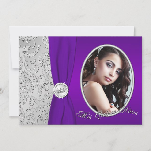 Lila und Silberes Foto Quinceanera Einladung (Vorderseite)