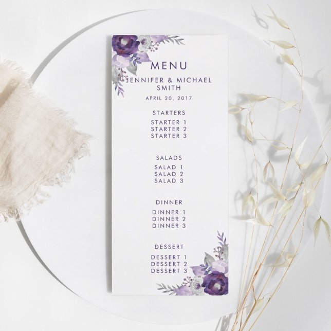 Lila und Silberfarben-Blumenmenü Menükarte (Purple and Silver Watercolor Floral Wedding Menu)